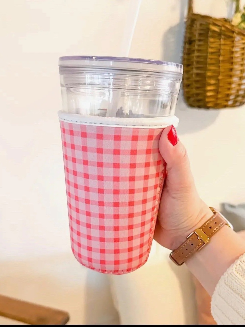 Pink Gingham Insulated Cup Sleeve - Reusable Beverage Cozy